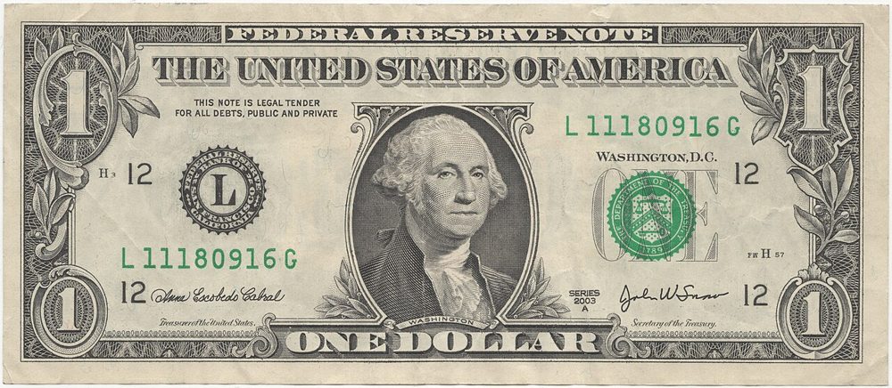 The front of a United States one-dollar bill